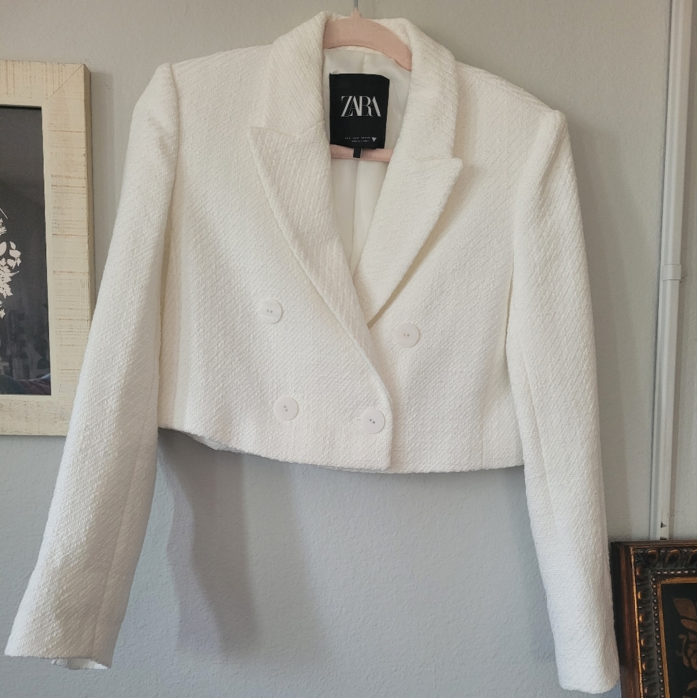 Zara white tweed material blazer